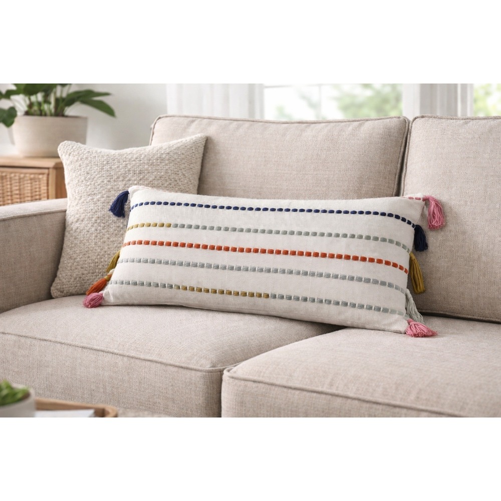 Threshold Running Lines Lumbar Throw Pillow 12x24 White Multicolor Tassels